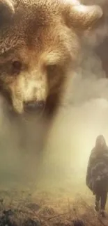 Bear and traveler in mystical forest scene.