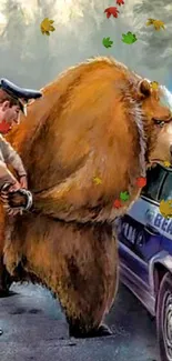 Cartoon bear being arrested by a police officer next to a patrol car.