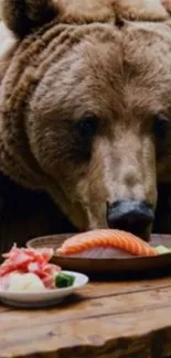 Bear enjoying sushi at a wooden table.