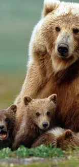 A family of bears in their natural habitat, featuring an adult bear with cubs.