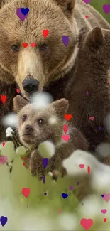 Cute bear family with heart shapes in nature scene.