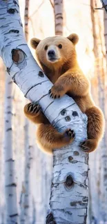 Bear climbing a birch tree in a forest.