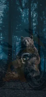 Bear in mystical forest with motorbikes.