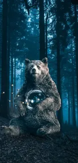 Bear with orb in mystical forest wallpaper.