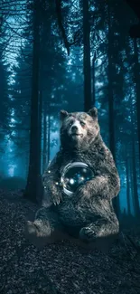 Bear holding a glowing orb in a mystical forest at night.