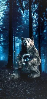 Bear in a mystical blue-lit forest holding a glass globe.