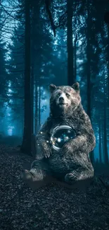 Bear holding a glowing orb in a misty blue forest at night.