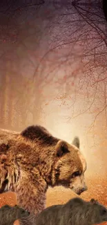 Wild bear exploring a misty forest in autumn hues.