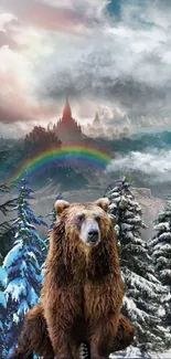 Bear in snowy forest with rainbow and castle in background.