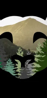 Bear silhouette with mountains and forest art on a black background.