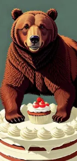 Bear standing on cake with cupcake topping.