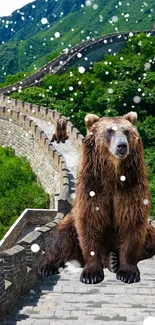 Majestic bear on the Great Wall with snow falling over lush greenery.