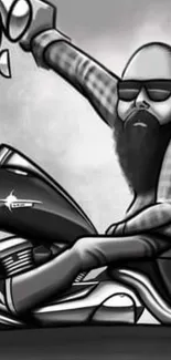 Cartoon bearded biker on motorcycle in grayscale art.