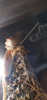 Bearded dragon climbing on a hammock in a terrarium, with rustic hues.