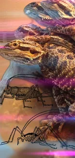 Bearded dragons and cricket illustrations in a vibrant wallpaper.