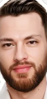 Portrait of a bearded man with expressive eyes on a beige background.