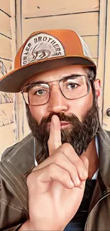 Bearded man with cap posing quietly in rustic wooden setting.