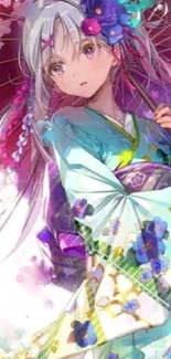 Anime girl in vibrant kimono with floral design and purple tones.