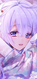 Anime girl with lilac hair in a pastel-themed wallpaper.