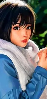 Anime girl in blue shirt and white scarf with vibrant background.