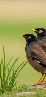 Two myna birds perched on grass with green blurred background.