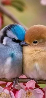 Two colorful birds perched on pink blossoms.