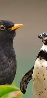 Blackbird and penguin standing together in nature.