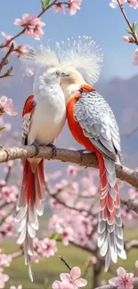 Two vibrant birds on cherry blossom branches.