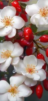 White blossoms with red berries and green leaves on wallpaper.