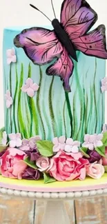 Butterfly cake with floral design and vibrant colors.