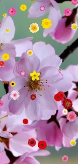 Mobile wallpaper with pink cherry blossoms and colorful flowers on branches.