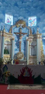 Serene church interior with altars and blue ceiling, perfect mobile wallpaper.