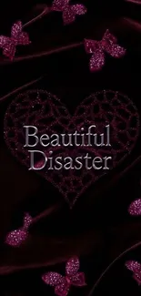 Beautiful Disaster heart with butterflies wallpaper on a dark background.