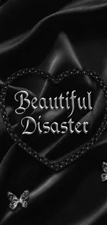 Elegant black silk wallpaper with heart and butterflies.