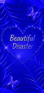 Heart-shaped blue wallpaper with 'Beautiful Disaster' text and butterflies.