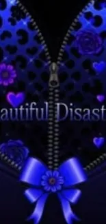 Beautiful Disaster with vibrant hearts and zipper.