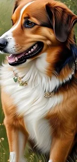 A beautiful dog sits in a lush green field filled with small flowers.