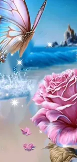 Fantasy beach scene with butterfly and pink rose.