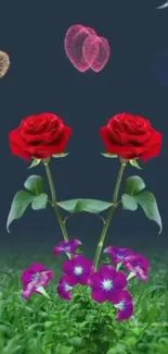 Red roses and purple flowers under a moonlit sky.