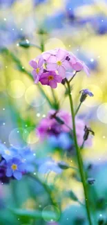 Vibrant blue and purple floral mobile wallpaper with a serene garden scene.