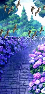 A scenic path lined with purple flowers and birds flying overhead.