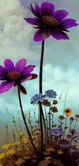 Vibrant purple flowers against a cloudy sky in a serene mobile wallpaper.