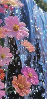 Vibrant flowers glistening beside a waterfall.