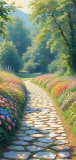Serene garden pathway with colorful flowers.