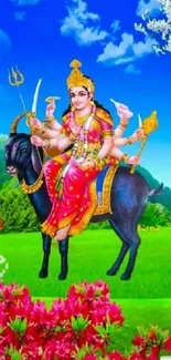 Vibrant goddess riding a black goat with colorful background.