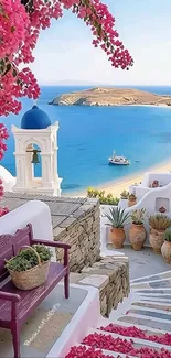 Greek island pathway with sea view and flowers.