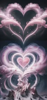 Fantasy mobile wallpaper with heart-shaped clouds in a mystical night sky.