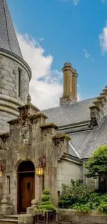 Collection of beautiful stone cottages under clear blue skies.