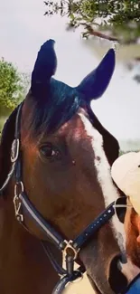 Majestic brown horse close-up with lush green background.