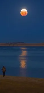 Moonlit night over a peaceful lake with a bright reflection.